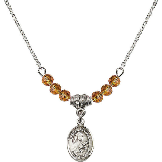 Sterling Silver Saint Theresa Birthstone Necklace with Topaz Beads - 9106