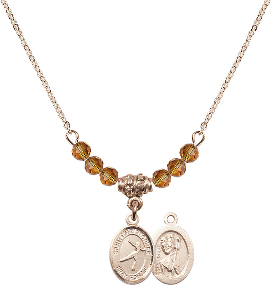 14kt Gold Filled Saint Christopher/Figure Skating Birthstone Necklace with Topaz Beads - 9139