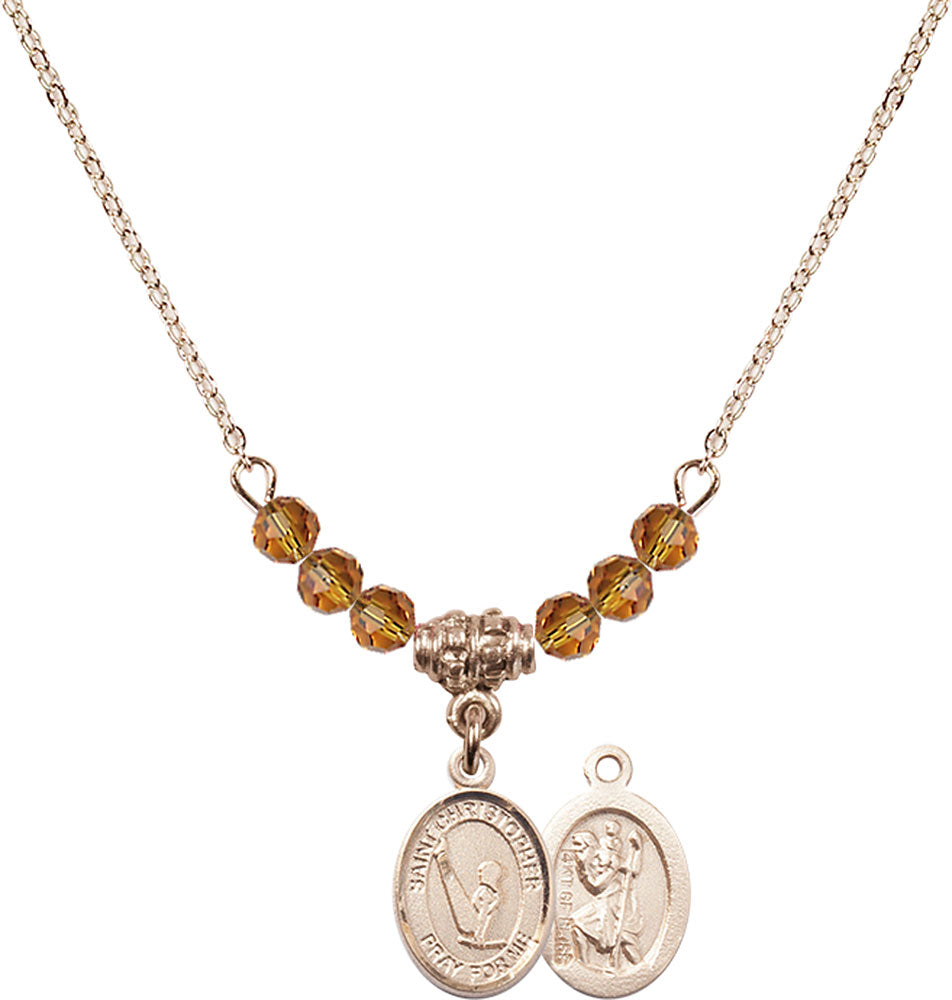 14kt Gold Filled Saint Christopher/Gymnastics Birthstone Necklace with Topaz Beads - 9142