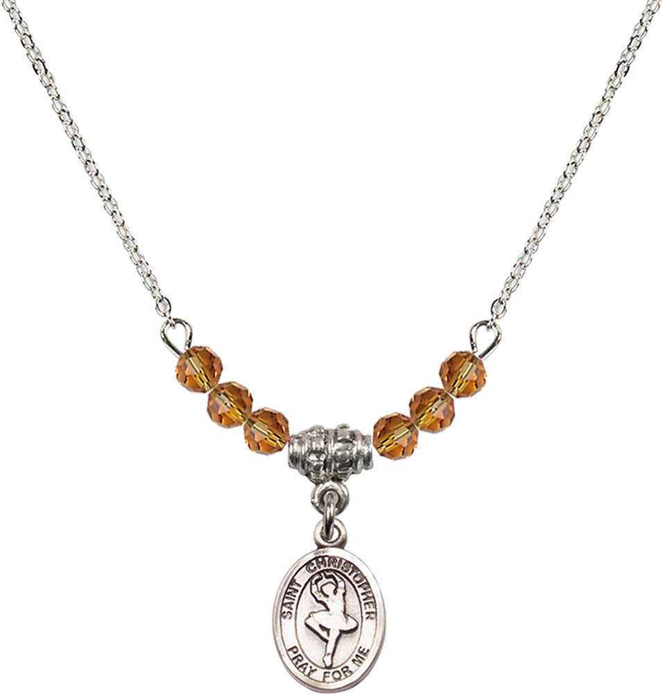 Sterling Silver Saint Christopher/Dance Birthstone Necklace with Topaz Beads - 9143