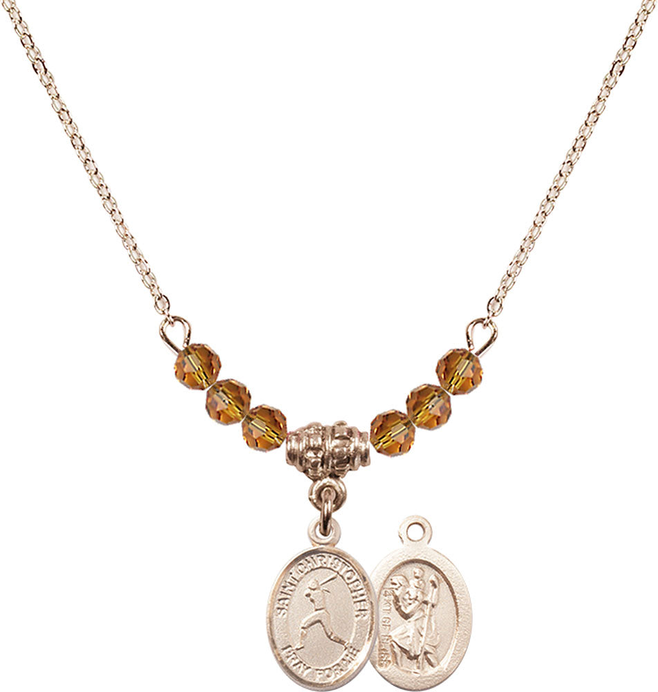 14kt Gold Filled Saint Christopher/Softball Birthstone Necklace with Topaz Beads - 9145