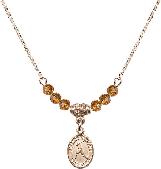 14kt Gold Filled Saint Christopher/Baseball Birthstone Necklace with Topaz Beads - 9150