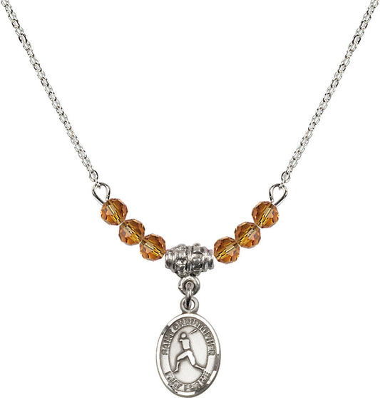 Sterling Silver Saint Christopher/Baseball Birthstone Necklace with Topaz Beads - 9150