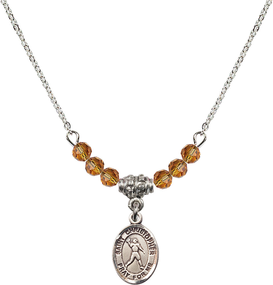 Sterling Silver Saint Christopher/Football Birthstone Necklace with Topaz Beads - 9151