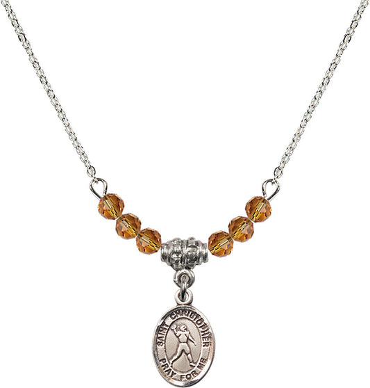 Sterling Silver Saint Christopher/Football Birthstone Necklace with Topaz Beads - 9151