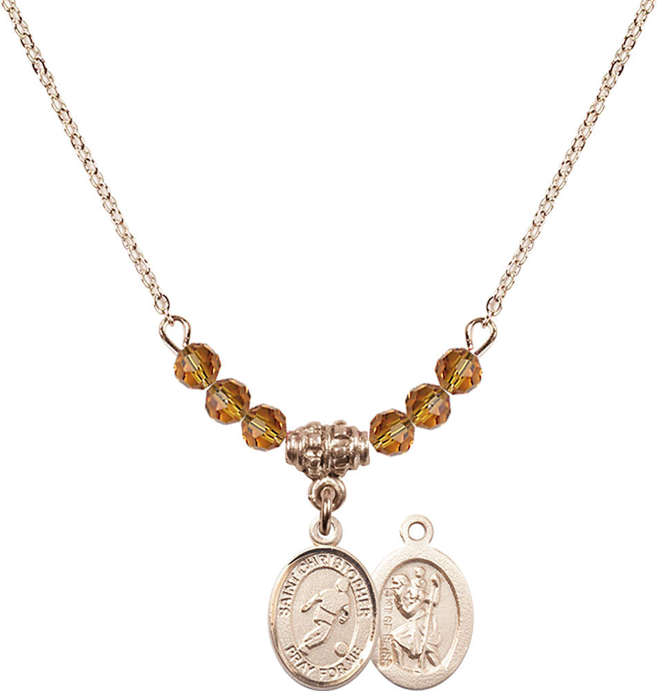 14kt Gold Filled Saint Christopher/Soccer Birthstone Necklace with Topaz Beads - 9154