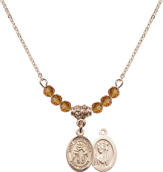 14kt Gold Filled Saint Christopher/Wrestling Birthstone Necklace with Topaz Beads - 9159