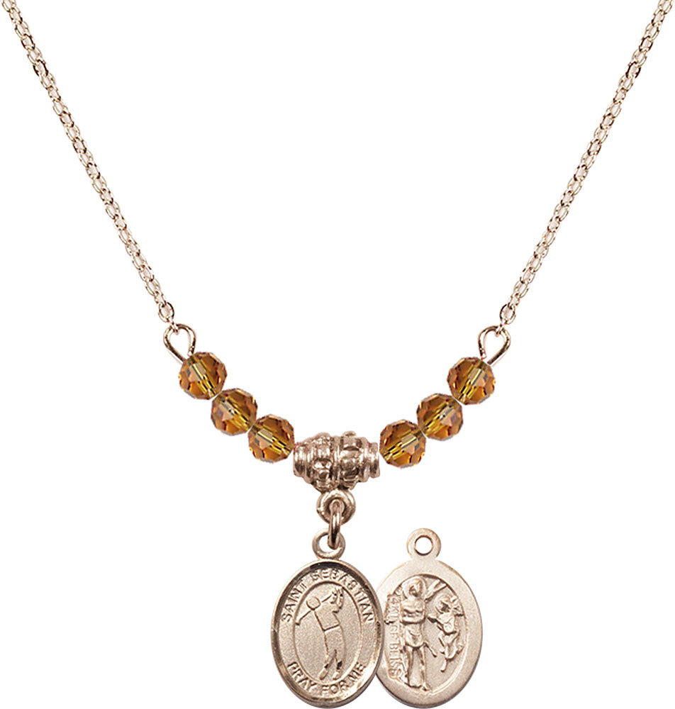 14kt Gold Filled Saint Sebastian/Golf Birthstone Necklace with Topaz Beads - 9162