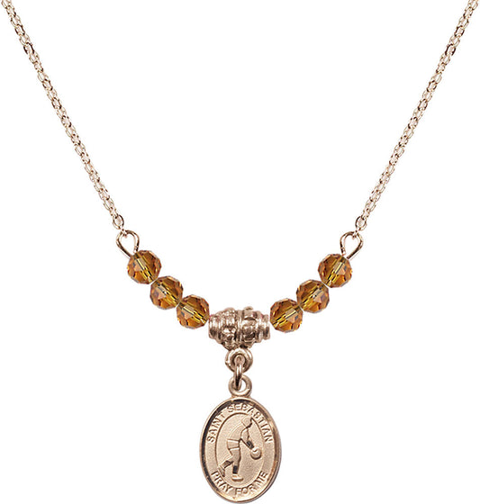14kt Gold Filled Saint Sebastian/Basketball Birthstone Necklace with Topaz Beads - 9163