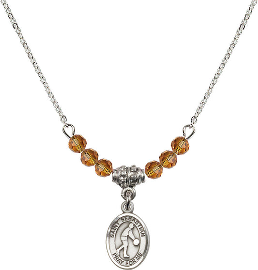 Sterling Silver Saint Sebastian/Basketball Birthstone Necklace with Topaz Beads - 9163