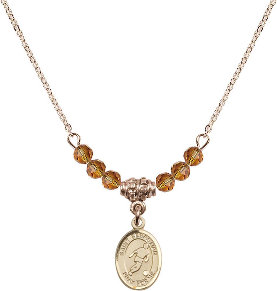 14kt Gold Filled Saint Sebastian/Soccer Birthstone Necklace with Topaz Beads - 9164