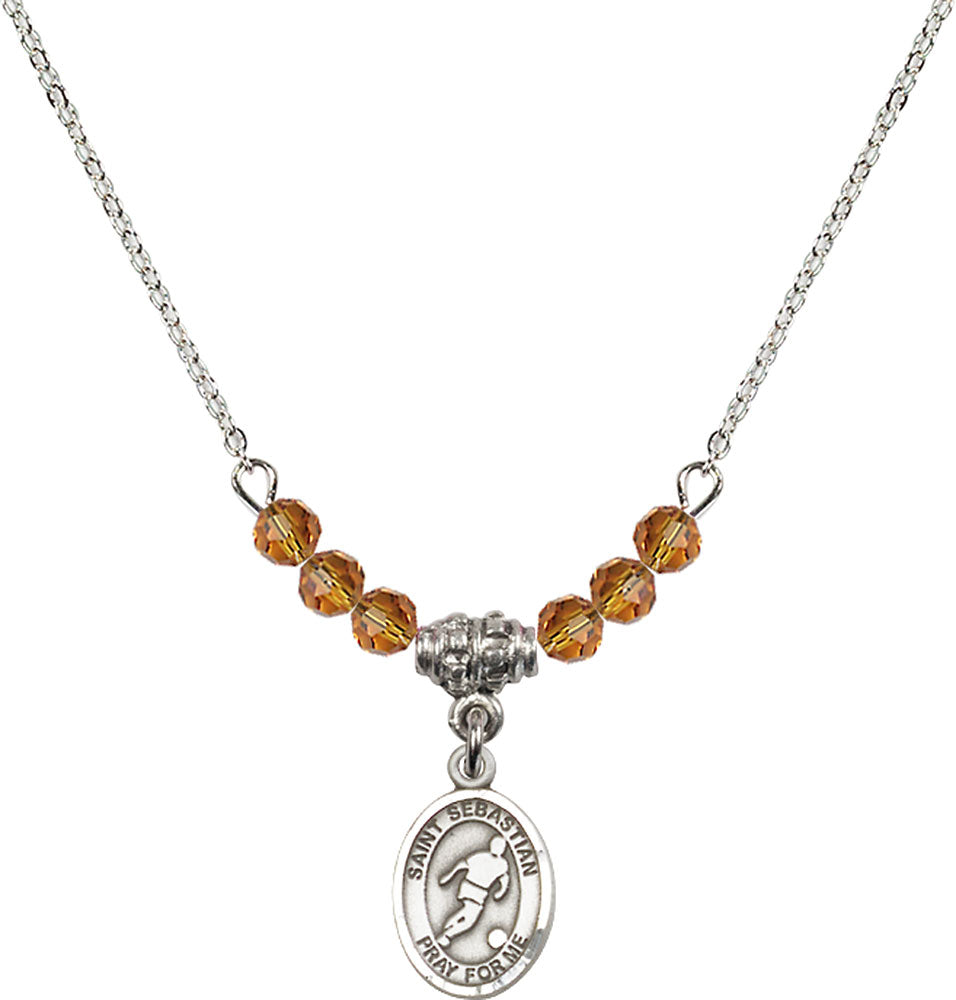 Sterling Silver Saint Sebastian/Soccer Birthstone Necklace with Topaz Beads - 9164