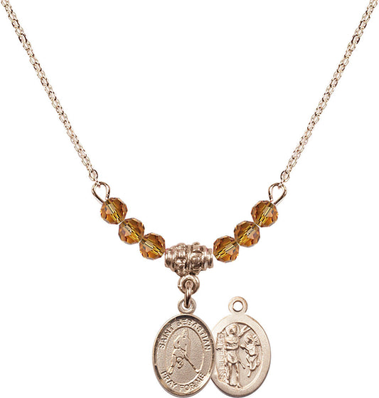 14kt Gold Filled Saint Sebastian/Ice Hockey Birthstone Necklace with Topaz Beads - 9165