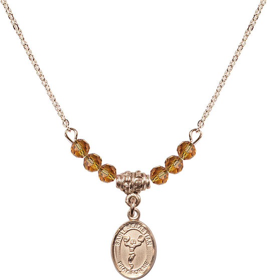 14kt Gold Filled Saint Sebastian/Cheerleading Birthstone Necklace with Topaz Beads - 9170