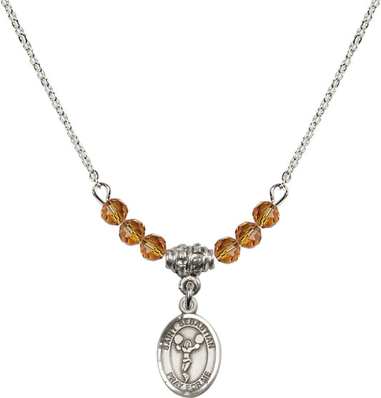Sterling Silver Saint Sebastian/Cheerleading Birthstone Necklace with Topaz Beads - 9170