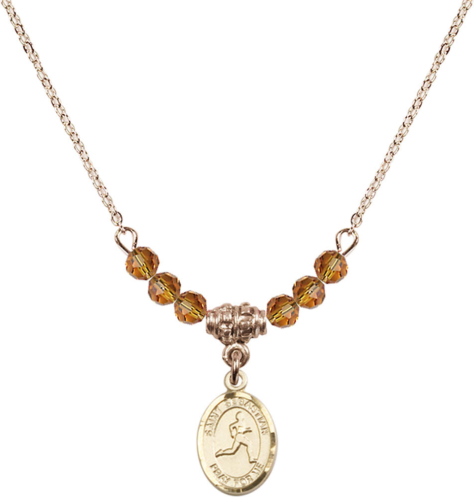 14kt Gold Filled Saint Sebastian/Track & Field Birthstone Necklace with Topaz Beads - 9176