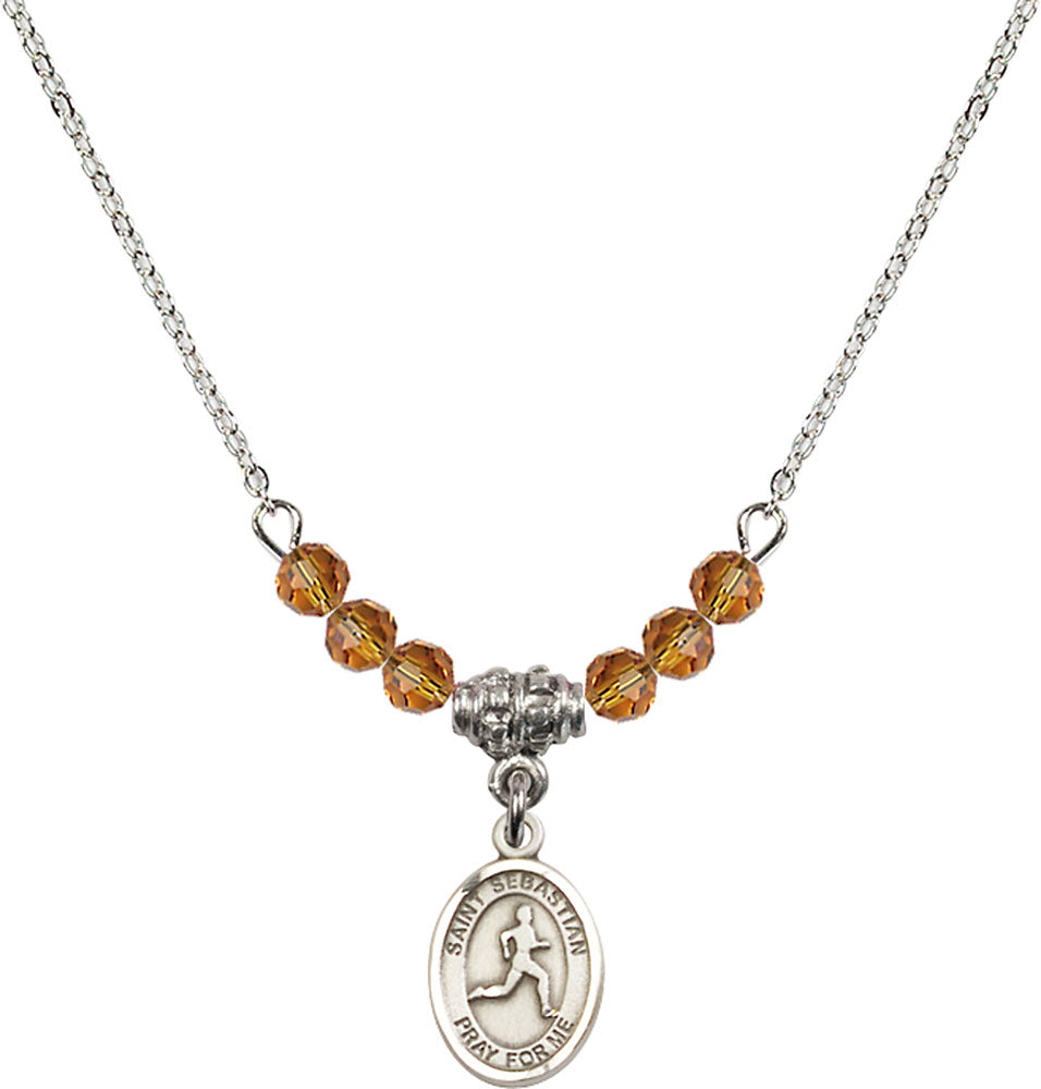 Sterling Silver Saint Sebastian/Track & Field Birthstone Necklace with Topaz Beads - 9176