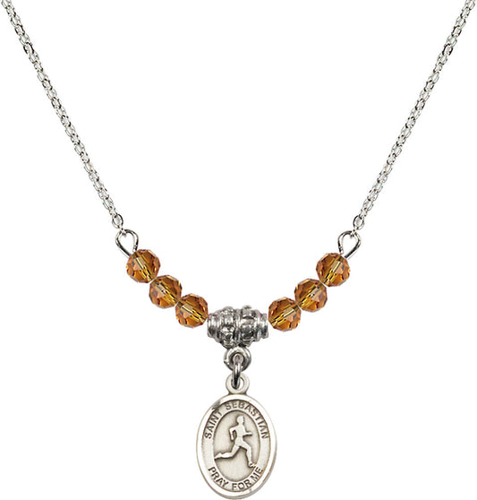 Sterling Silver Saint Sebastian/Track & Field Birthstone Necklace with Topaz Beads - 9176