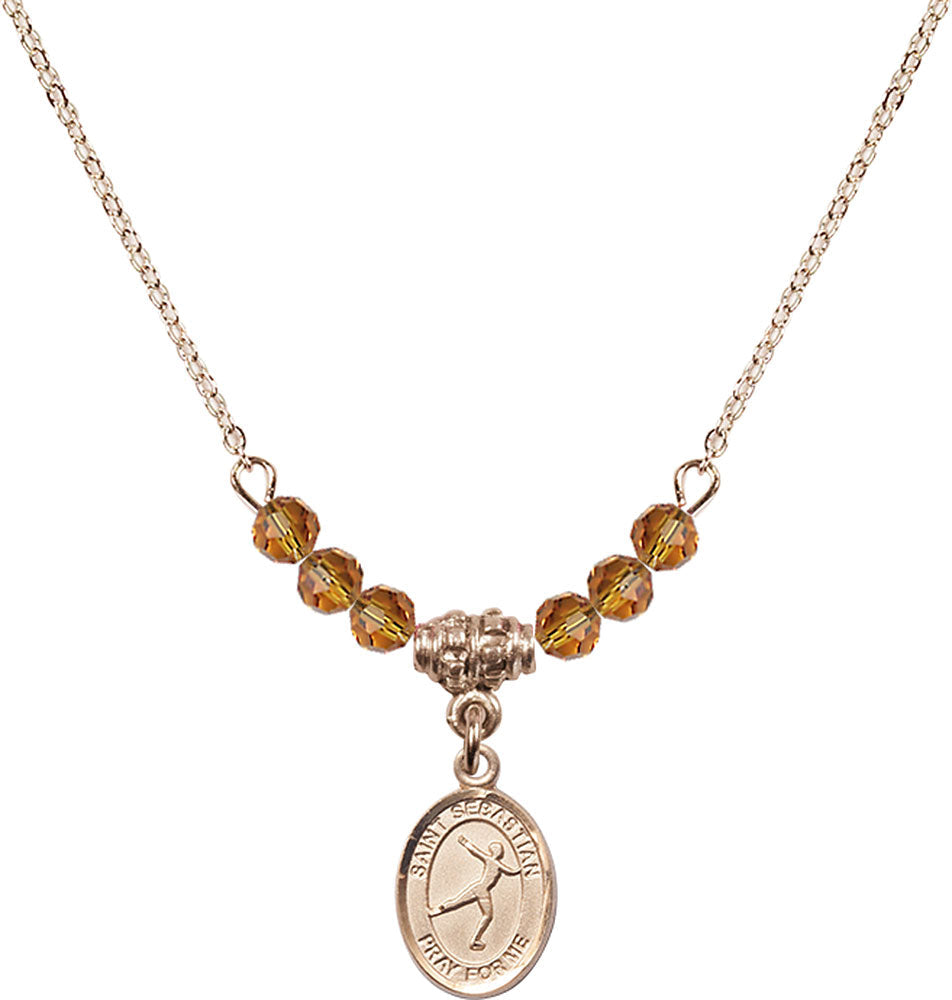 14kt Gold Filled Saint Sebastian/Figure Skating Birthstone Necklace with Topaz Beads - 9177