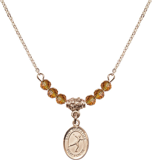 14kt Gold Filled Saint Sebastian/Figure Skating Birthstone Necklace with Topaz Beads - 9177