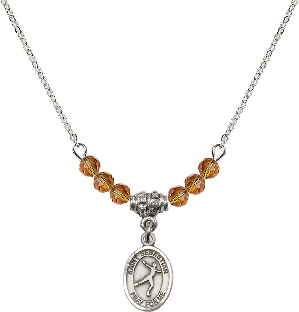 Sterling Silver Saint Sebastian/Figure Skating Birthstone Necklace with Topaz Beads - 9177