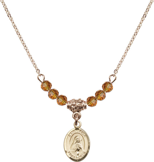 14kt Gold Filled Saint Rita / Baseball Birthstone Necklace with Topaz Beads - 9181