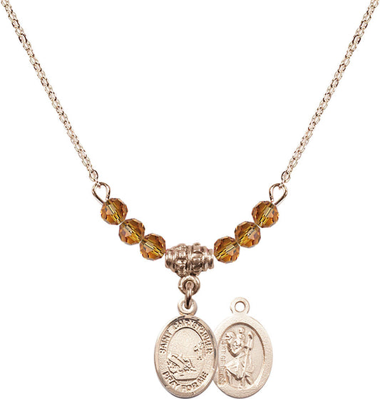 14kt Gold Filled Saint Christopher / Fishing Birthstone Necklace with Topaz Beads - 9196