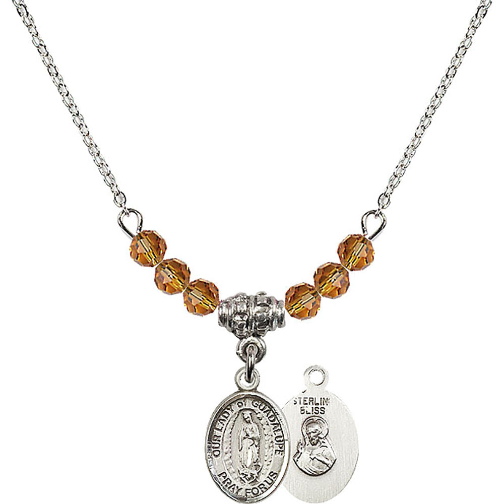 Sterling Silver Our Lady of Guadalupe Birthstone Necklace with Topaz Beads - 9206