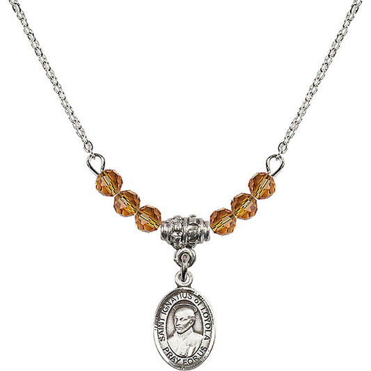 Sterling Silver Saint Ignatius of Loyola Birthstone Necklace with Topaz Beads - 9217