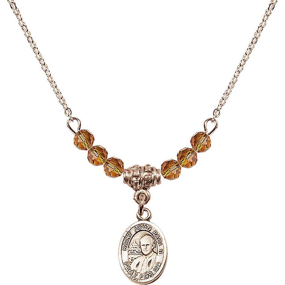 14kt Gold Filled Saint John Paul II Birthstone Necklace with Topaz Beads - 9234
