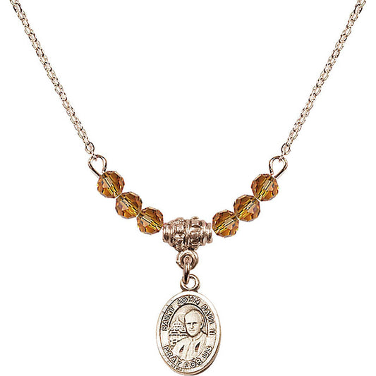 14kt Gold Filled Saint John Paul II Birthstone Necklace with Topaz Beads - 9234