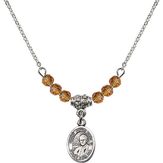 Sterling Silver Saint John Paul II Birthstone Necklace with Topaz Beads - 9234