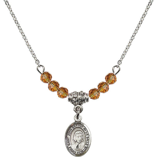 Sterling Silver Saint John Baptist de la Salle Birthstone Necklace with Topaz Beads - 9262