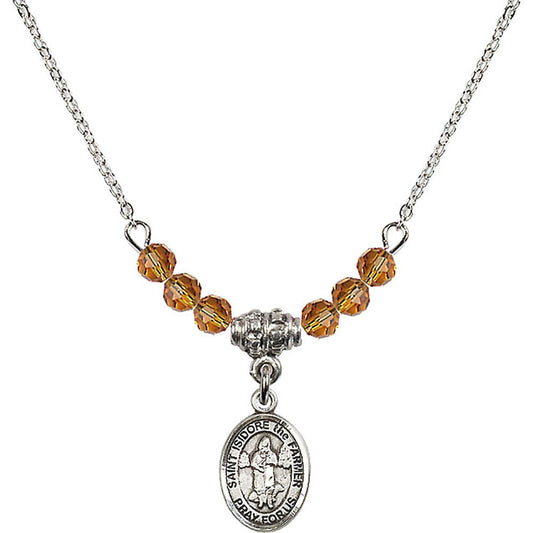 Sterling Silver Saint Isidore the Farmer Birthstone Necklace with Topaz Beads - 9276