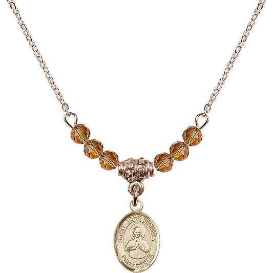 14kt Gold Filled Saint John Vianney Birthstone Necklace with Topaz Beads - 9282