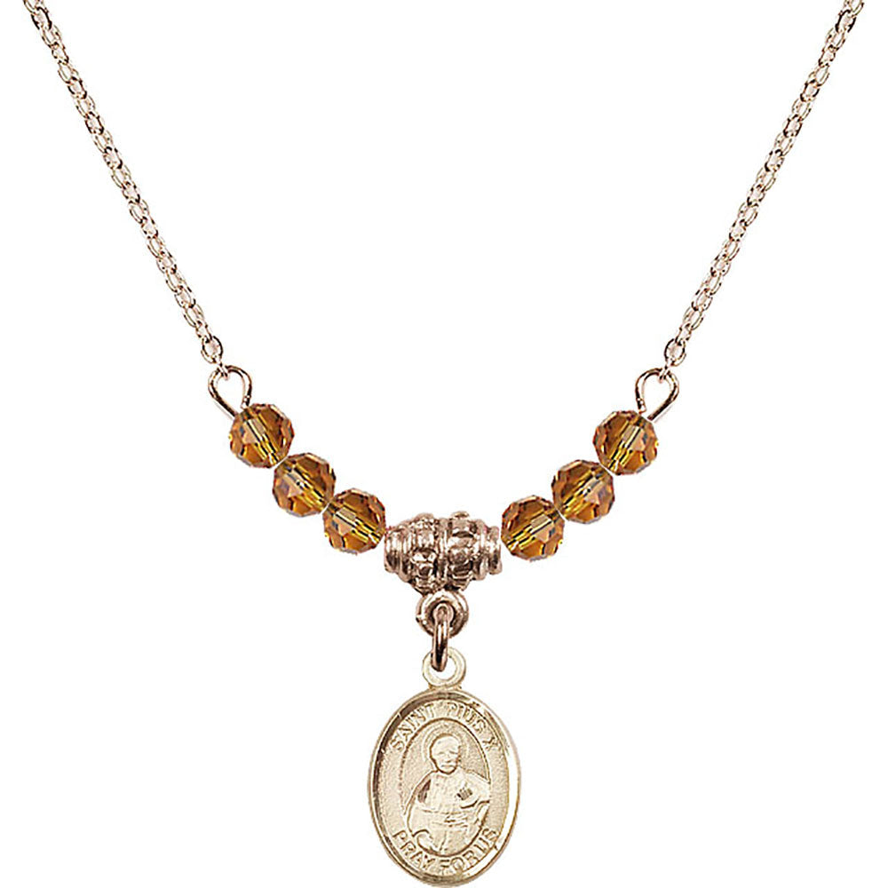 14kt Gold Filled Saint Pius X Birthstone Necklace with Topaz Beads - 9305