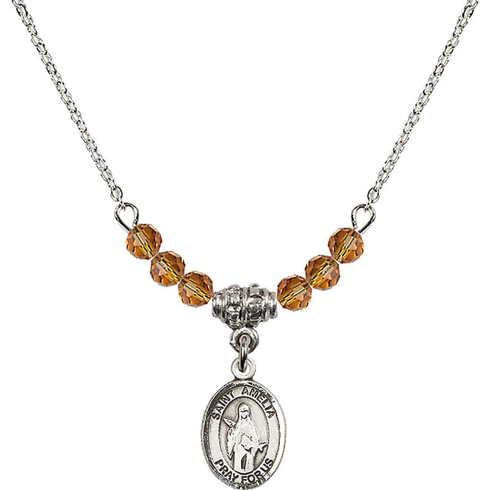 Sterling Silver Saint Amelia Birthstone Necklace with Topaz Beads - 9313