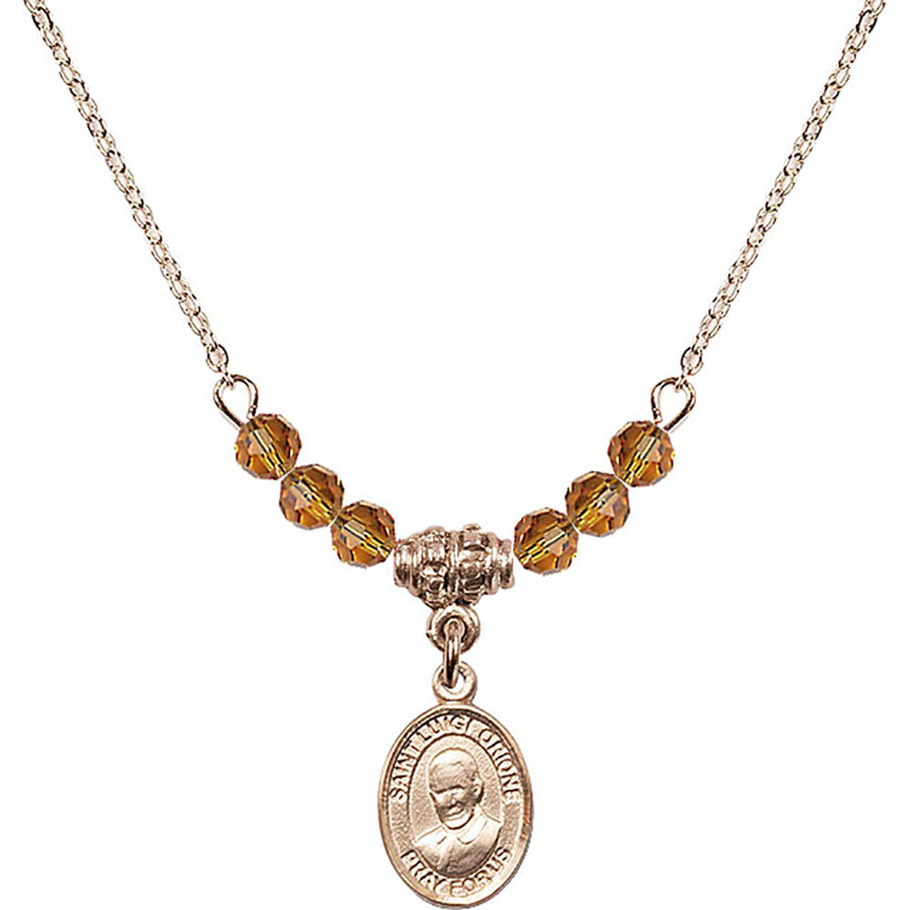 14kt Gold Filled Saint Luigi Orione Birthstone Necklace with Topaz Beads - 9326