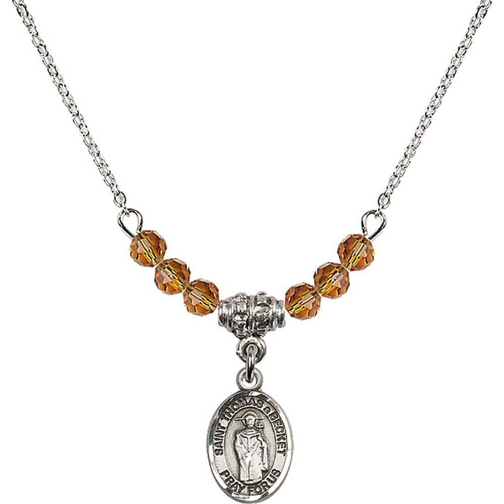 Sterling Silver Saint Thomas A Becket Birthstone Necklace with Topaz Beads - 9344