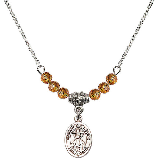 Sterling Silver Saint Andrew Kim Taegon Birthstone Necklace with Topaz Beads - 9373