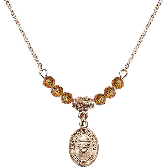 14kt Gold Filled Saint Damien of Molokai Birthstone Necklace with Topaz Beads - 9412