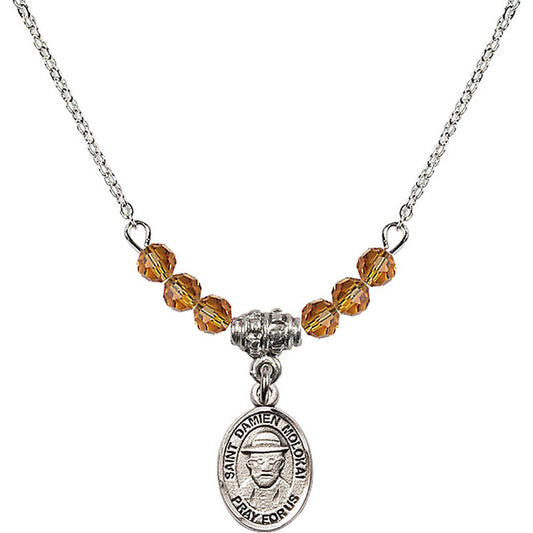 Sterling Silver Saint Damien of Molokai Birthstone Necklace with Topaz Beads - 9412