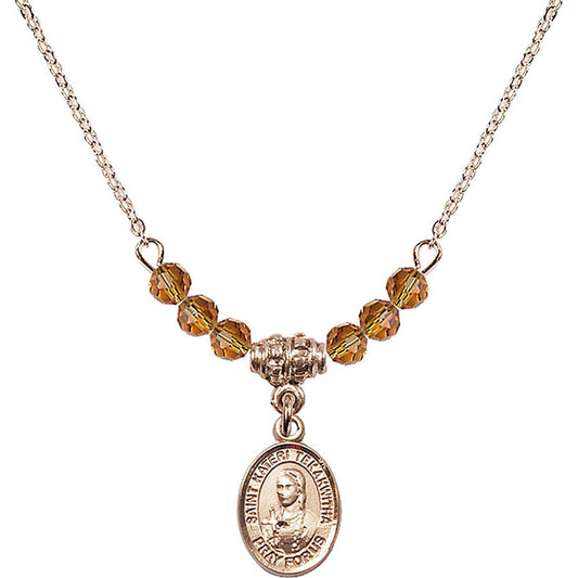 14kt Gold Filled Saint Kateri Tekakwitha Birthstone Necklace with Topaz Beads - 9438