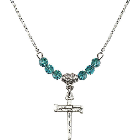 Sterling Silver Nail Cross Birthstone Necklace with Zircon Beads - 0012