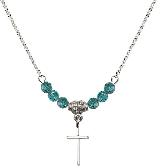 Sterling Silver Cross Birthstone Necklace with Zircon Beads - 0014