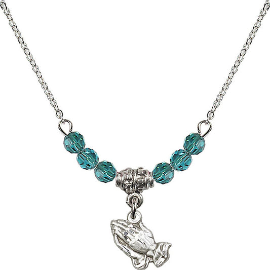 Sterling Silver Praying Hands Birthstone Necklace with Zircon Beads - 0220