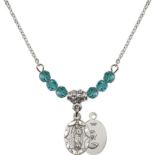 Sterling Silver Our Lady of Guadalupe Birthstone Necklace with Zircon Beads - 0301