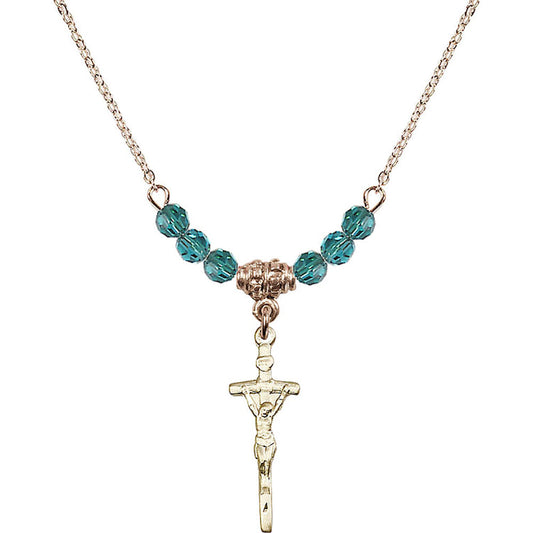 14kt Gold Filled Papal Crucifix Birthstone Necklace with Zircon Beads - 0563