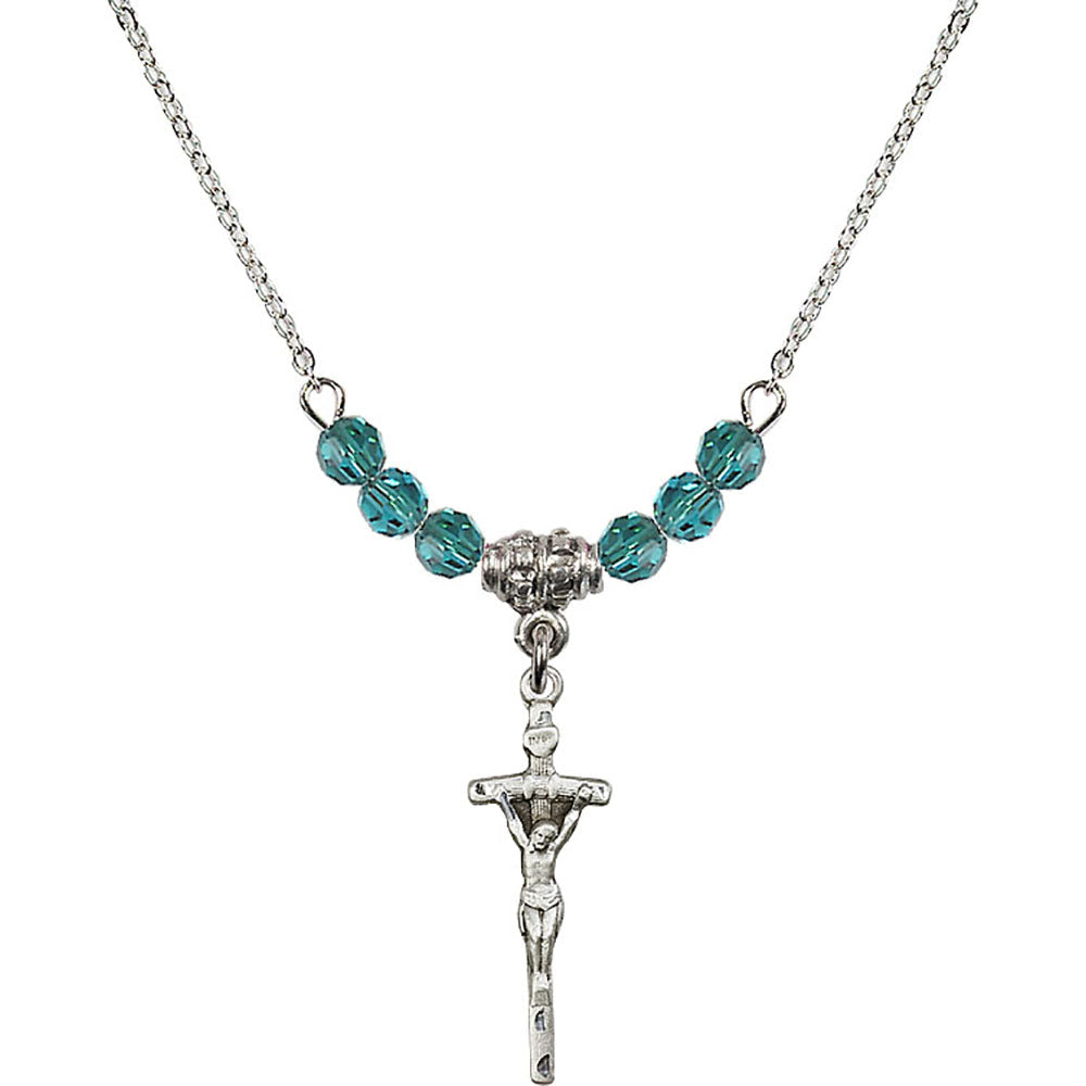 Sterling Silver Papal Crucifix Birthstone Necklace with Zircon Beads - 0563