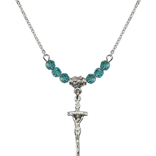 Sterling Silver Papal Crucifix Birthstone Necklace with Zircon Beads - 0563